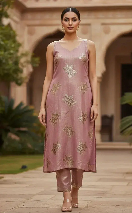 Woman wearing a pink silk kurta set with gold embroidery, standing outdoors