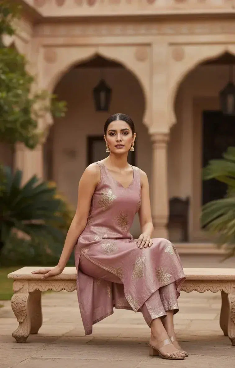 Woman in a mauve silk kurta set with gold motifs, sitting on a stone bench outdoors