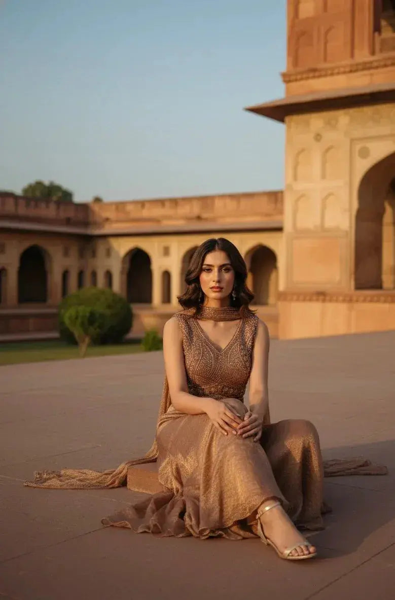 Woman in elegant gold silk ethnic dress posing outdoors at heritage palace in sunlight