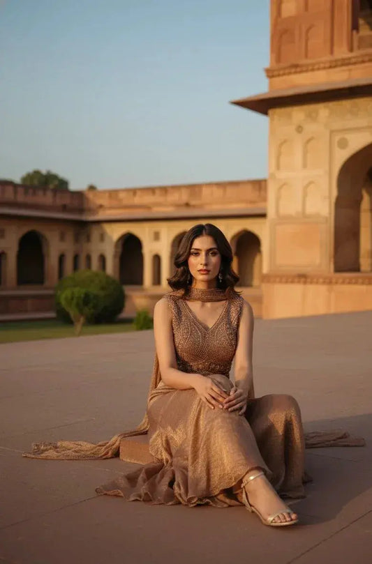 Woman in elegant gold silk ethnic dress posing outdoors at heritage palace in sunlight