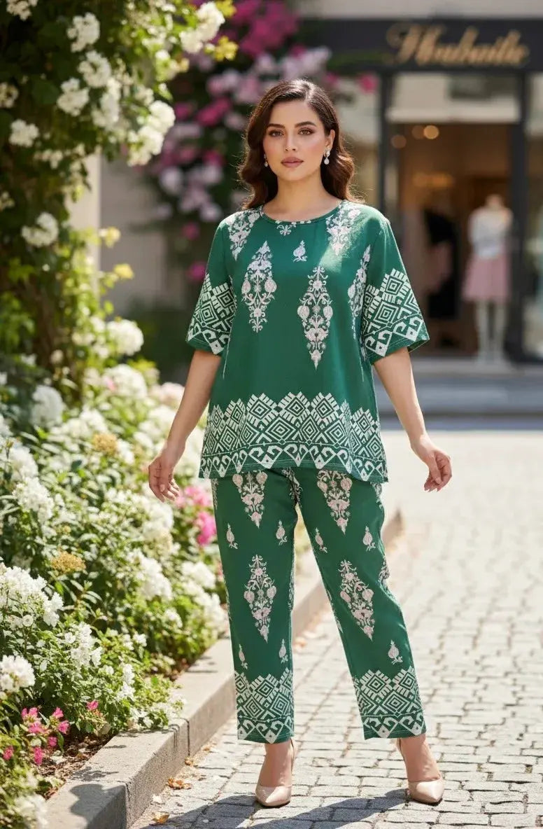 Woman in green printed ethnic co-ord set with geometric and floral motifs, standing outdoors