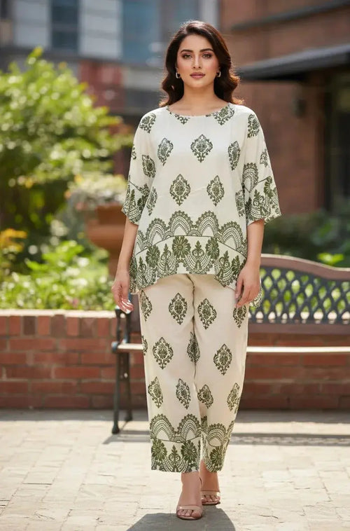 Woman wearing cream and olive green printed ethnic co-ord set outdoors