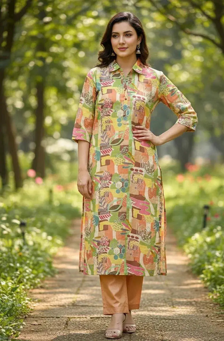 Woman wearing a vibrant printed kurta with three-quarter sleeves and peach pants, outdoors