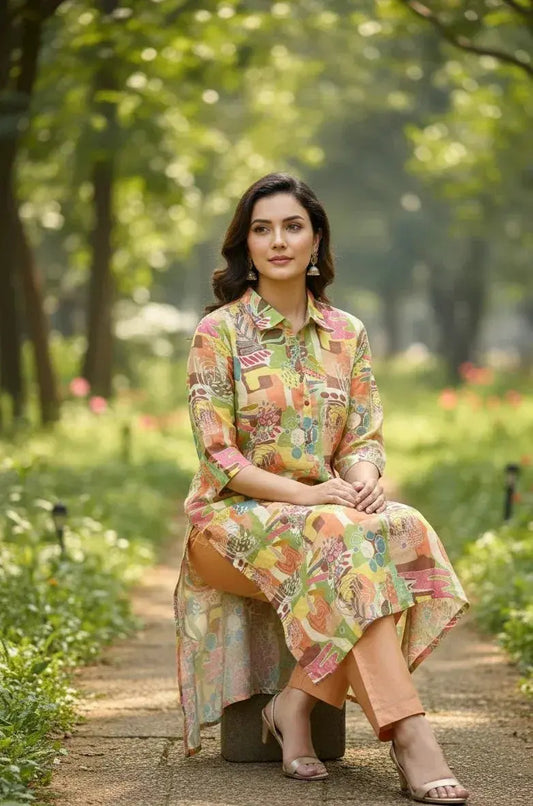 Woman in colorful printed kurti with peach pants and sandals sitting outdoors in a lush green park