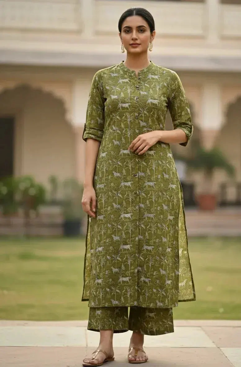 Woman in green printed kurta set with jungle animal motifs, standing outdoors