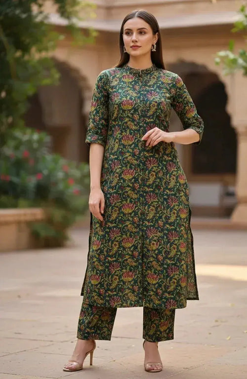Woman wearing green floral printed kurta set with straight pants, outdoor ethnic fashion