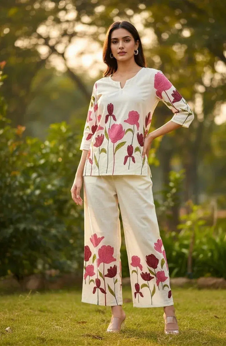 Woman wearing cream floral embroidered ethnic set with wide-leg pants in a garden