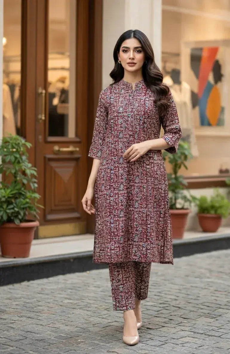 Woman wearing maroon printed kurta set with straight pants, standing outdoors