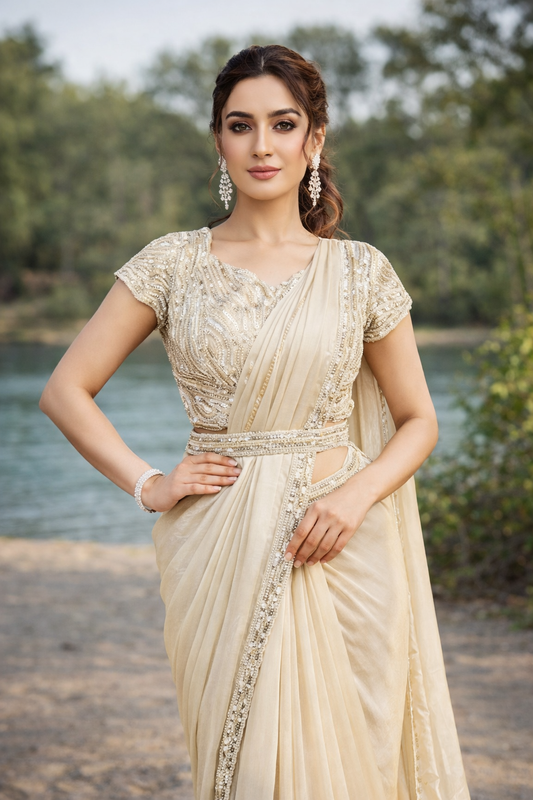 2 Tone satin silk silver readymade saree with blouse