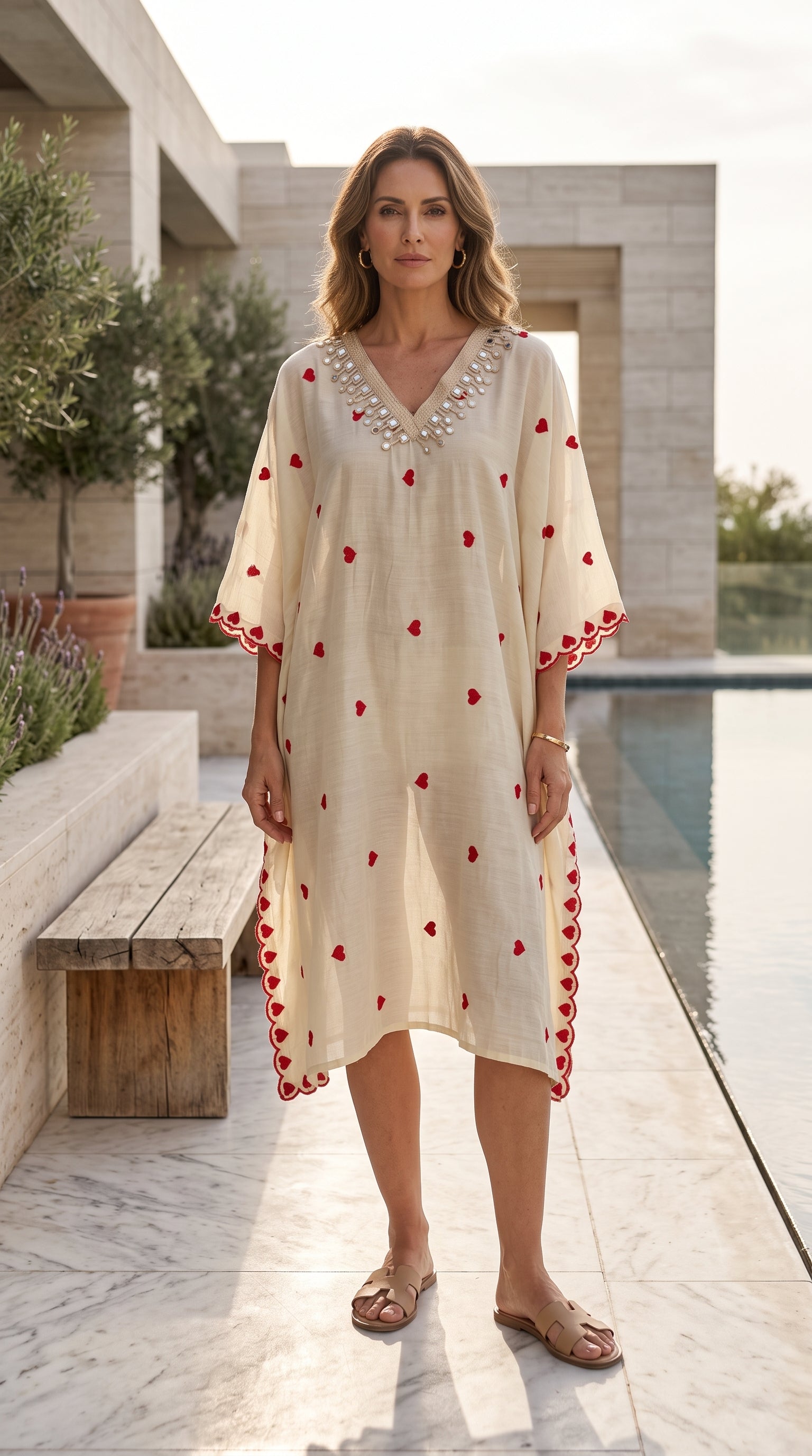 A woman stands outdoors by a pool wearing a loose cream kaftan dress with red embroidered motifs and a beaded neckline. The setting includes a stone patio, bench, and modern building architecture.