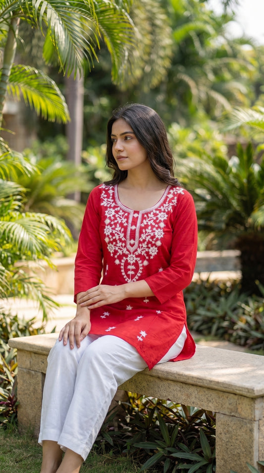 Women's Cotton Embroidered Short Kurti – White Thread Work