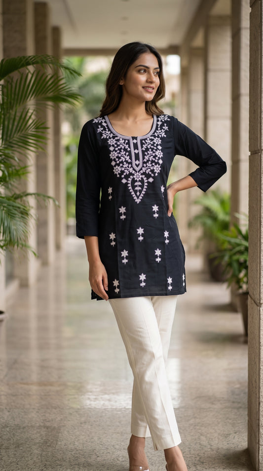 Women's Cotton Embroidered Short Kurti – White Thread Work