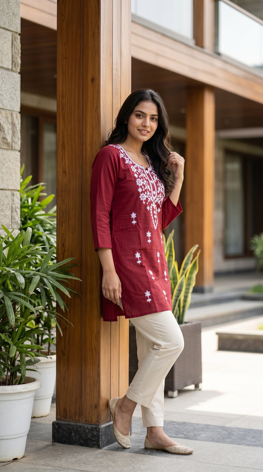 Women’s Cotton Embroidered Kurti with White Embroidery – Soft & Breathable