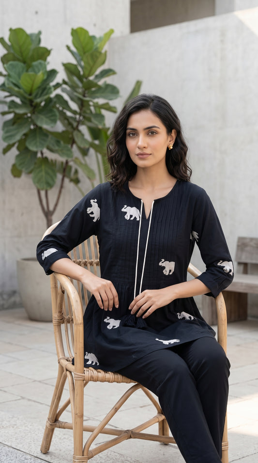 Women’s Black Elephant Print Cotton Short Kurti – Comfortable & Stylish