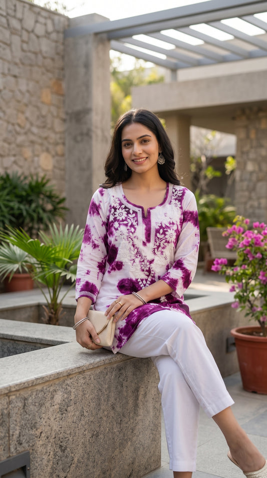 Women’s Shaded Cotton Kurti with White Embroidery – Soft & Breathable