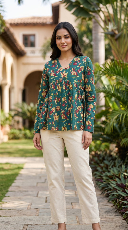 Women’s Floral Printed Cotton Kurti – Long Sleeve V-Neck