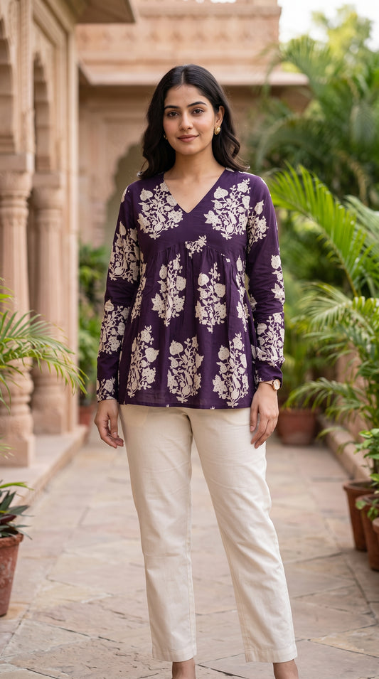 Women’s Floral Printed Cotton Kurti – Long Sleeve V-Neck