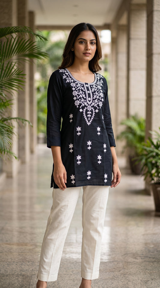 Women's Cotton Embroidered Short Kurti – White Thread Work