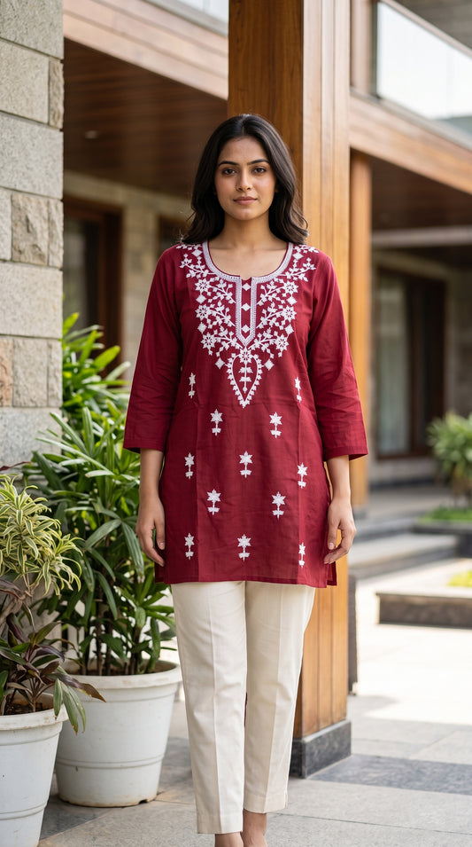 Women’s Cotton Embroidered Kurti with White Embroidery – Soft & Breathable
