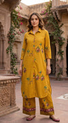 Mustard yellow cotton block-print coord set with floral print, includes shirt and wide-leg pants from SOL BY SMITHA.