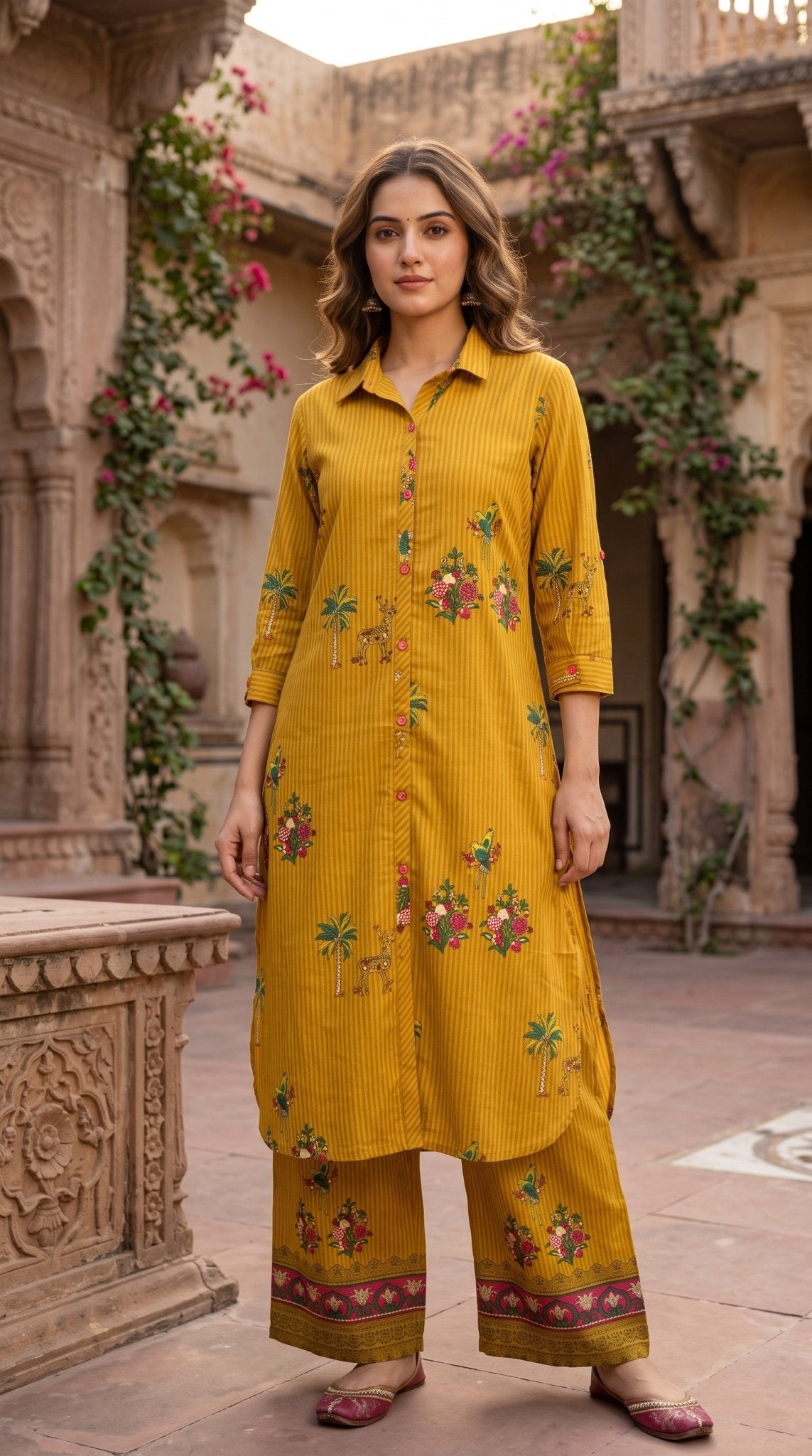 Mustard yellow cotton block-print coord set with floral print, includes shirt and wide-leg pants from SOL BY SMITHA.