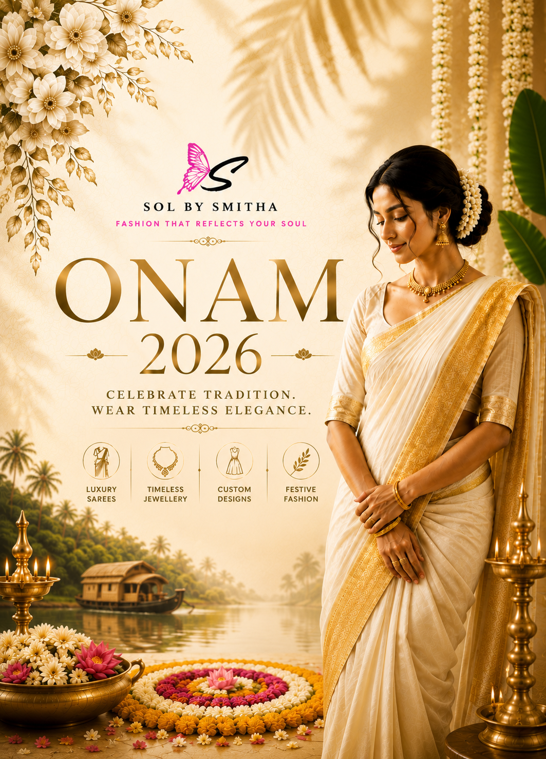 Promotional graphic for Sol by Smitha Onam 2026, featuring a woman in a cream and gold saree standing beside a lamp, with floral arrangements, a boat on water, and decorative text in the background.