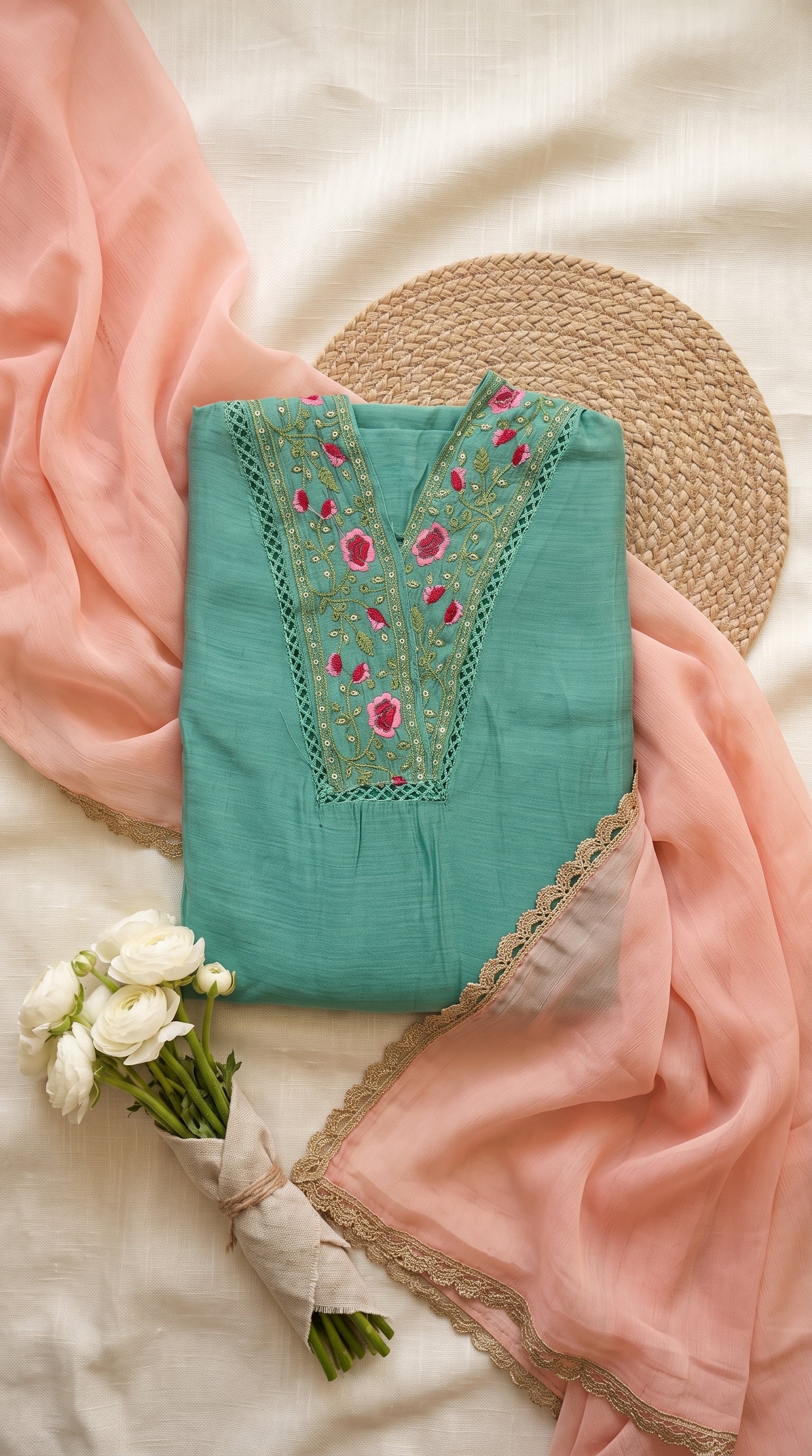A folded mint green kurta with pink and gold floral embroidery on the neckline, styled with a peach-pink dupatta, a woven straw hat, and white flowers on a cream fabric background.