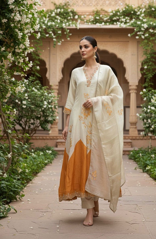 Elegant Beige & Orange Floral Embroidered Suit