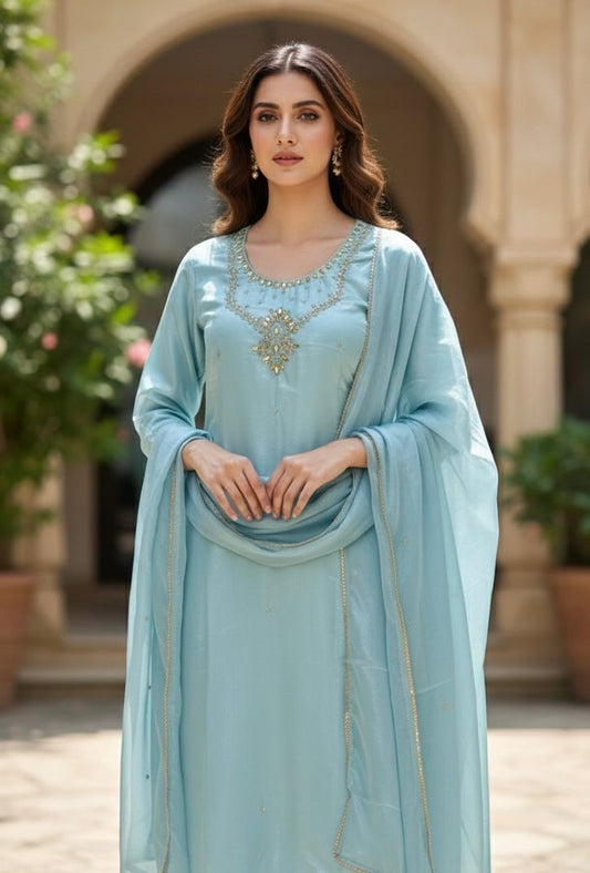 Shimmer Satin 3-Piece Suit – Embroidered