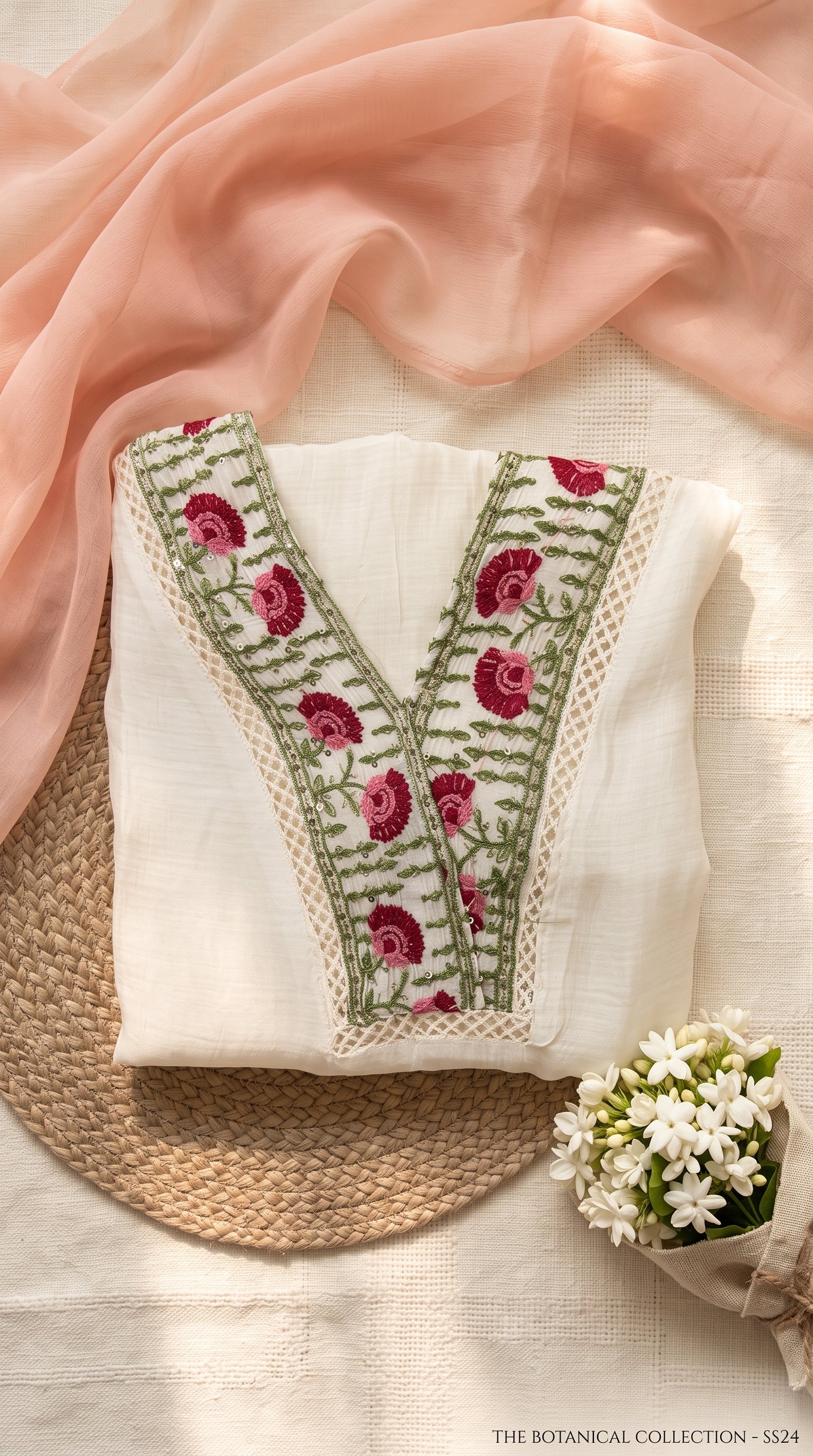 A folded white kurta with green and pink floral embroidery on the neckline, styled on a woven placemat with a peach scarf and small white flowers.
