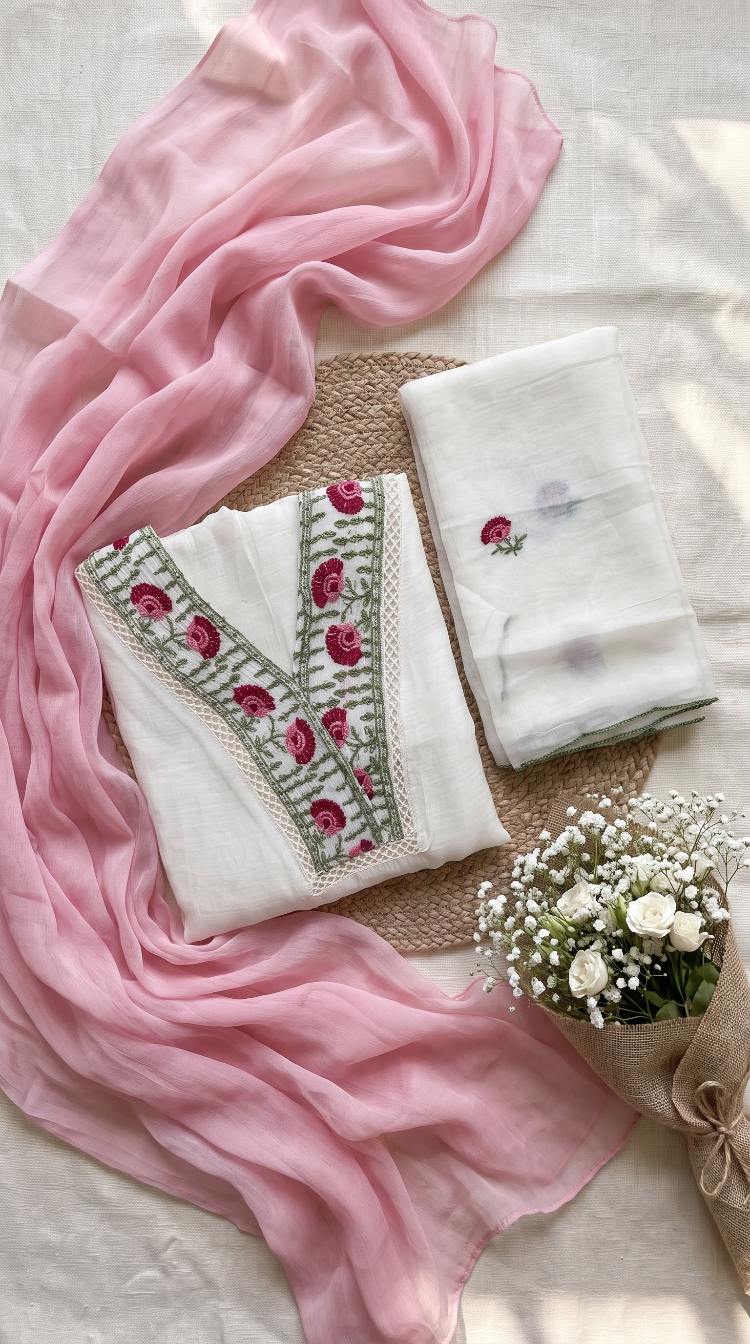 A styled flat-lay of traditional Indian clothing and accessories, featuring a white kurta with pink floral embroidery and green borders, a matching folded white dupatta, a draped pink scarf, and a small bouquet of white baby's breath on a neutral fabric background.