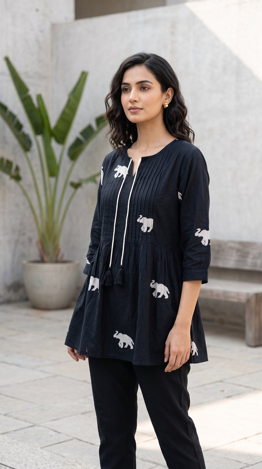 Women’s Black Elephant Print Cotton Short Kurti – Comfortable & Stylish