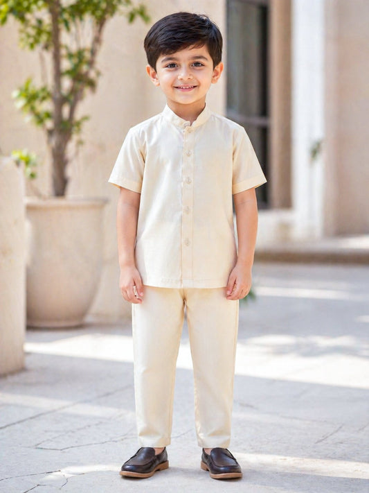 Beige Boys Kurta Shirt | Minimal Mandarin Collar Kids Shirt - SOL BY SMITHA