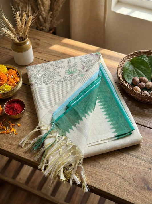 Beige Kota Tissue Saree with Floral Print - SOL BY SMITHA