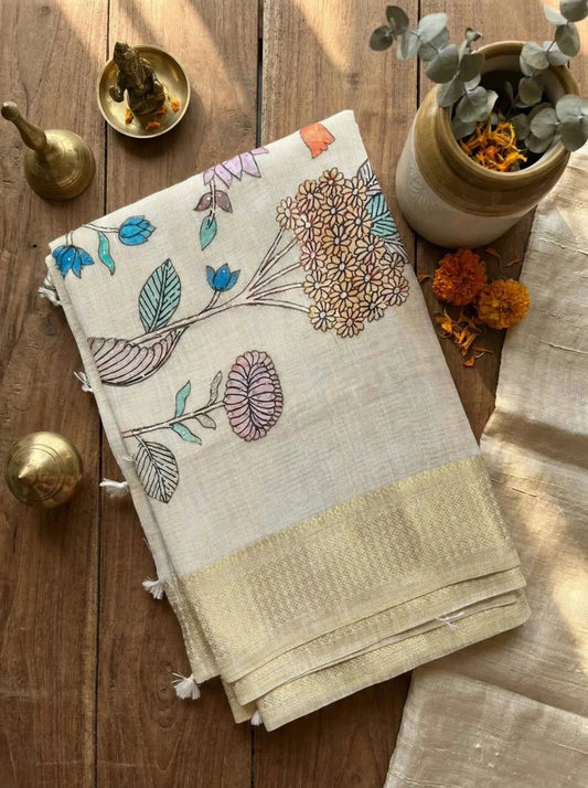 Beige Kota Tissue With multi - color embroidery saree - SOL BY SMITHA