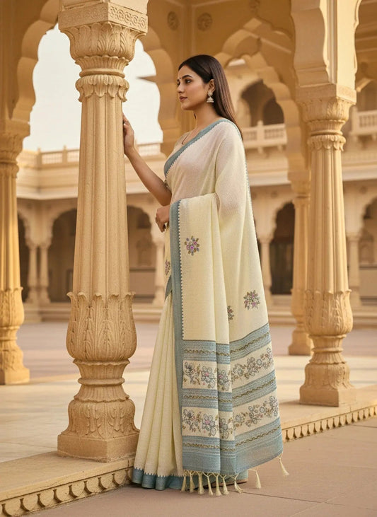 Beige Saree With Multi - color Embroidery - SOL BY SMITHA