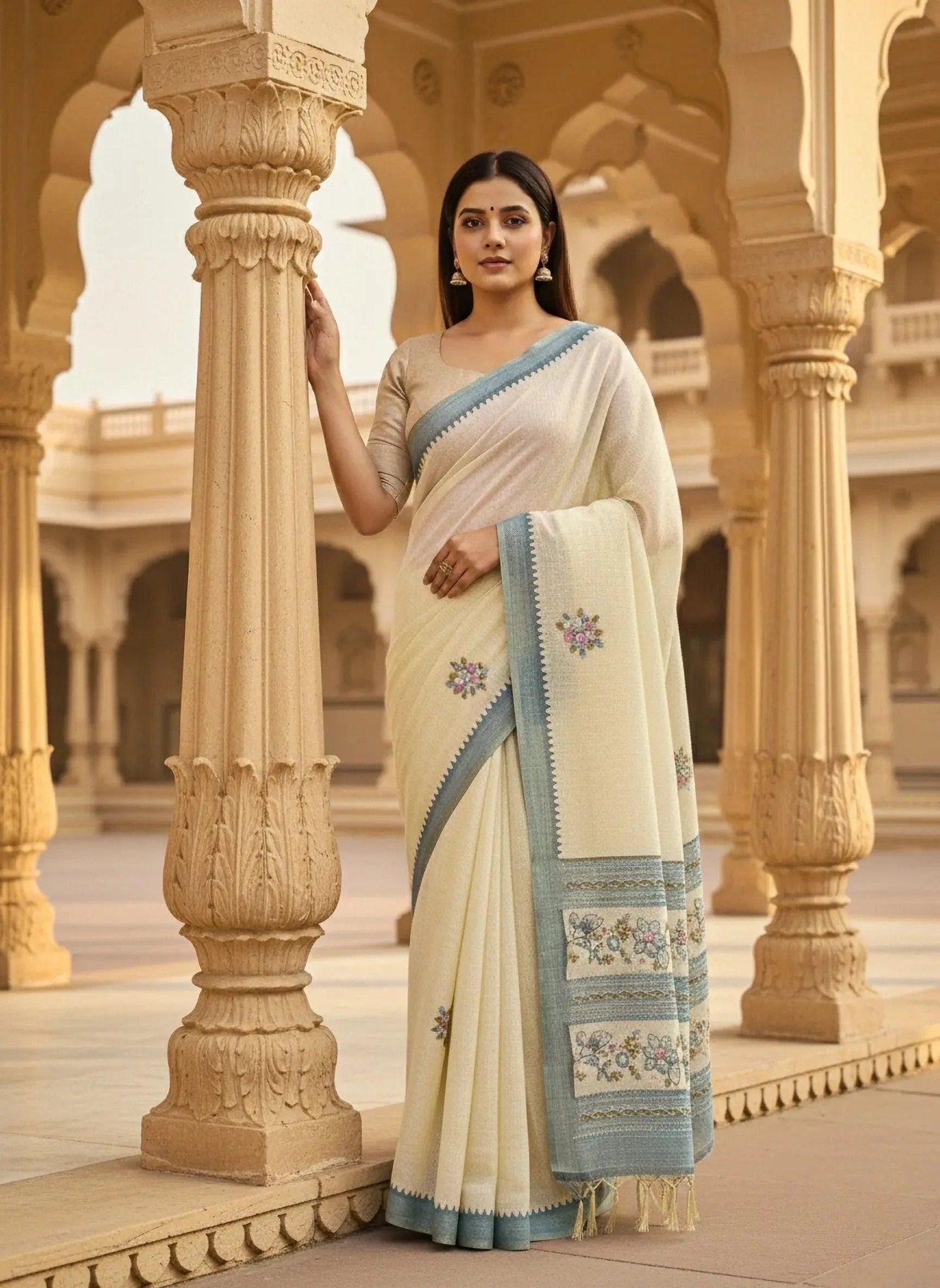 Beige Saree With Multi - color Embroidery - SOL BY SMITHA