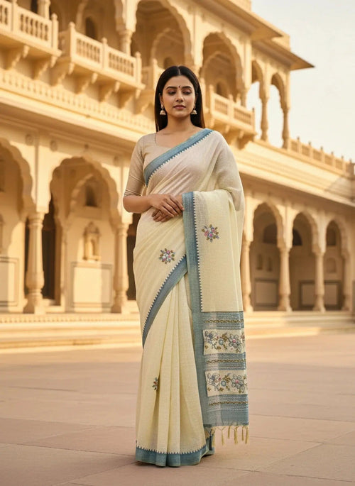 Beige Saree With Multi - color Embroidery - SOL BY SMITHA