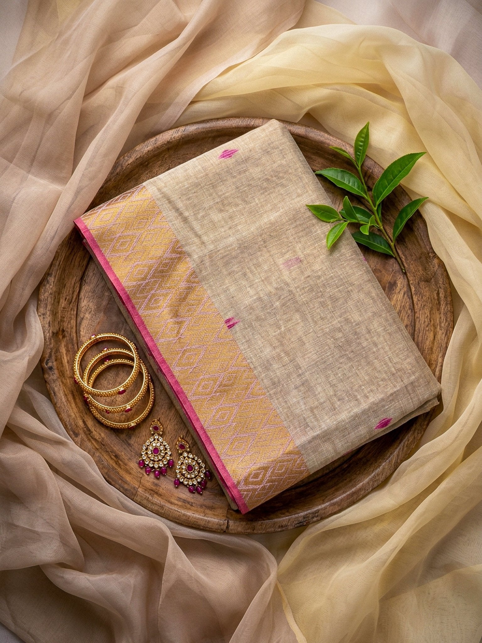 Beige Saree with Pink Border – Elegant Minimal Designer Saree - SOL BY SMITHA