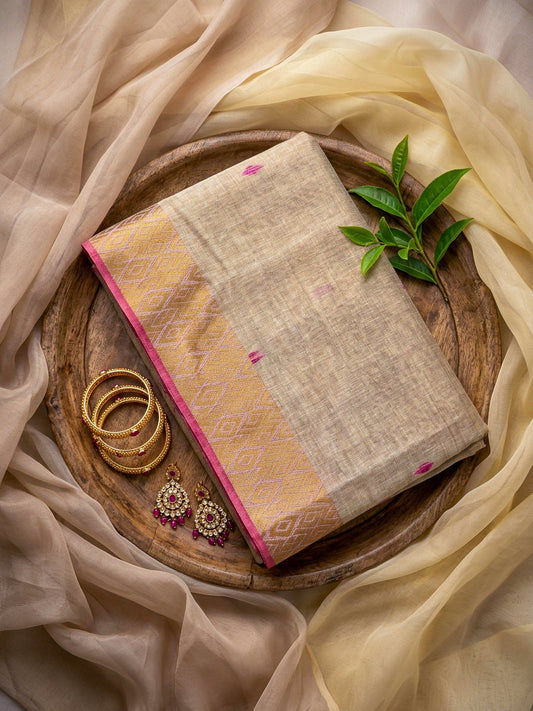 Beige Saree with Pink Border – Elegant Minimal Designer Saree - SOL BY SMITHA