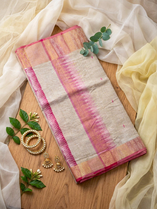 Beige Saree with Pink Border – Elegant Minimal Designer Saree - SOL BY SMITHA
