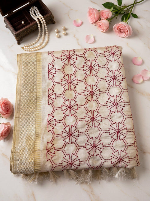 Beige Saree with Pink Embroidery | Elegant Designer Saree - SOL BY SMITHA