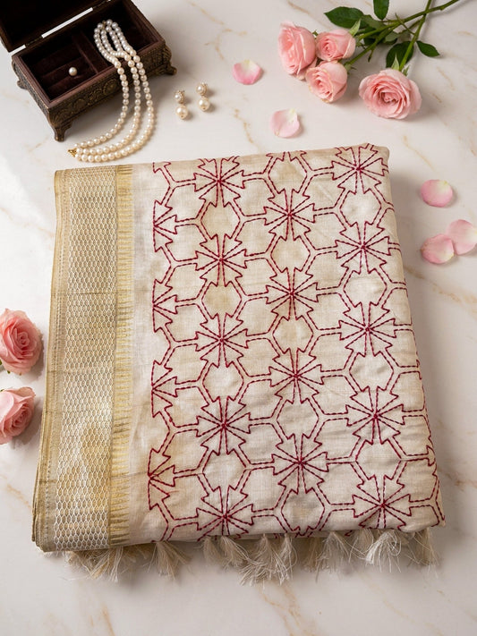 Beige Saree with Pink Embroidery | Elegant Designer Saree - SOL BY SMITHA