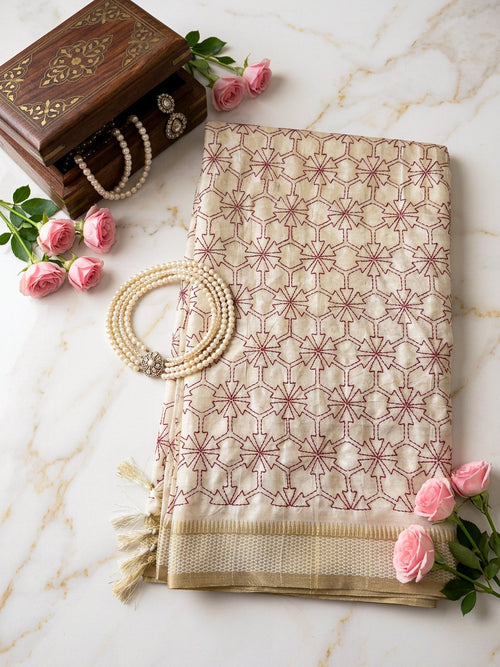 Beige Saree with Pink Embroidery | Elegant Designer Saree - SOL BY SMITHA
