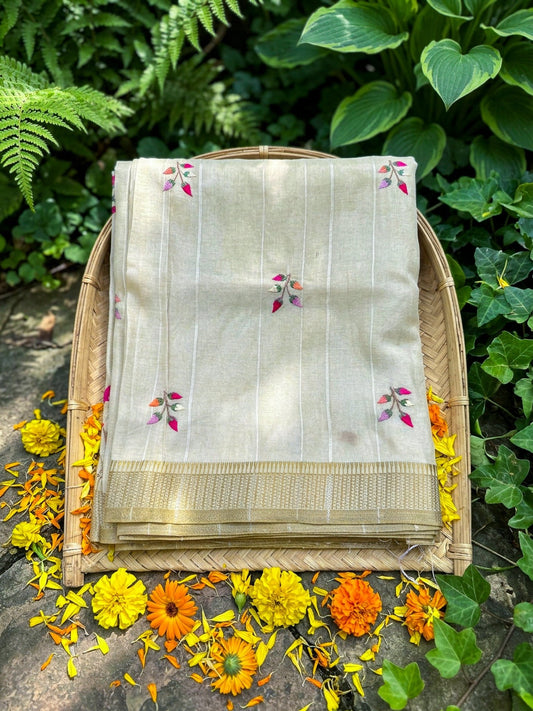 Beige Saree with Pink Floral Embroidery – Elegant Designer Saree - SOL BY SMITHA