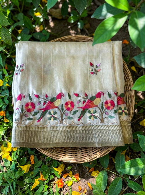 Beige Saree with Pink Floral Embroidery – Elegant Designer Saree - SOL BY SMITHA