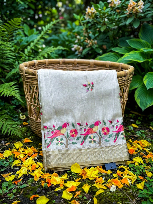 Beige Saree with Pink Floral Embroidery – Elegant Designer Saree - SOL BY SMITHA