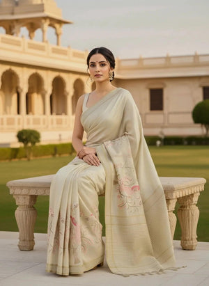 Beige saree with pink embroidery by SOL by Smitha, showcasing intricate embroidery and traditional Indian design.