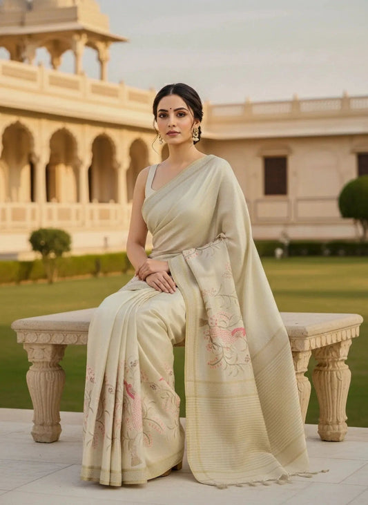 Beige With Pink Embroidery Saree - SOL BY SMITHA