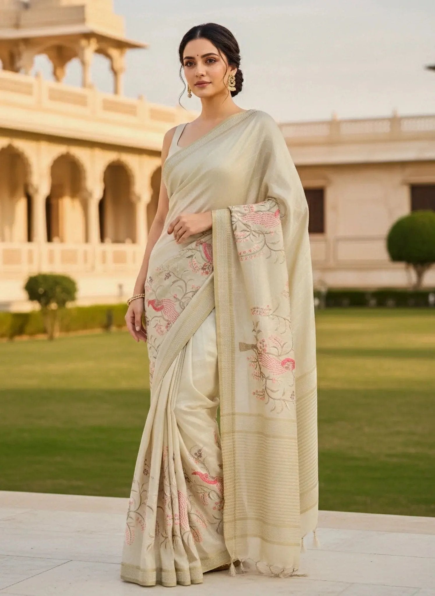 Beige With Pink Embroidery Saree - SOL BY SMITHA
